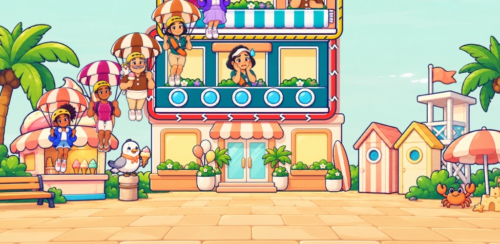 BlockTower: a colourful tower of floors with residents on a sunny beach